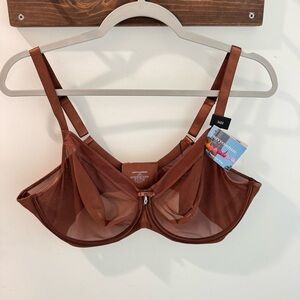 NWT Curvy Couture Sheer Mesh Full Coverage Unlined Underwire Bra Brown 36H